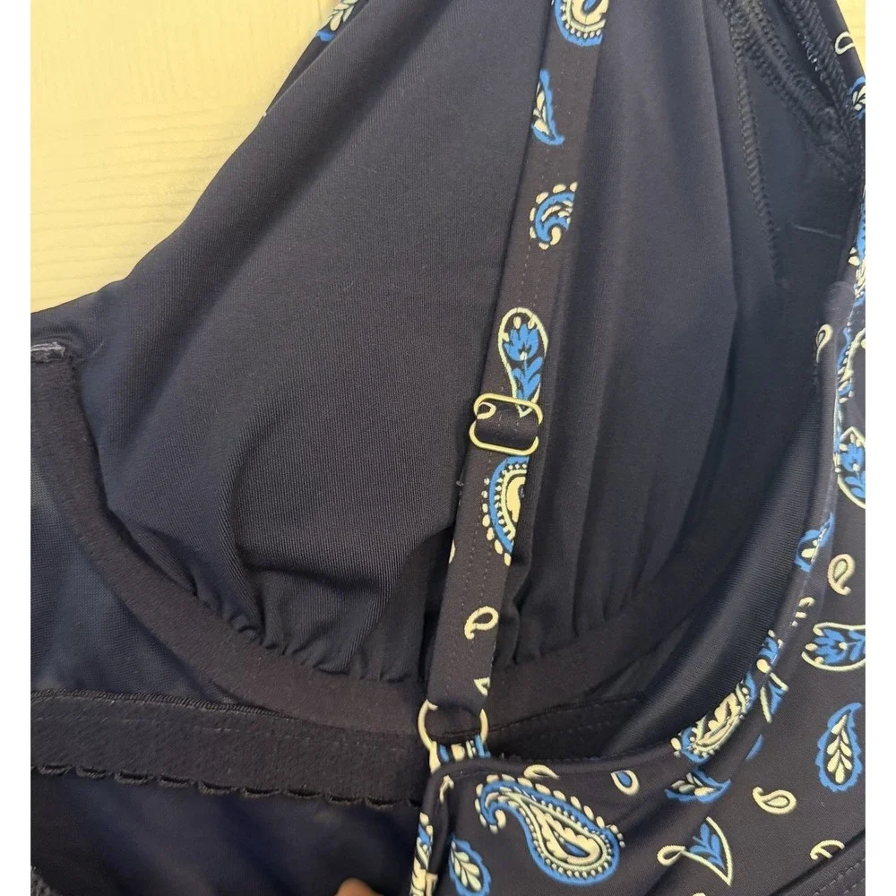 Lands End Tankini Swim‎ Top 18W Navy Paisley Underwire Bra Adjustable Modest EUC